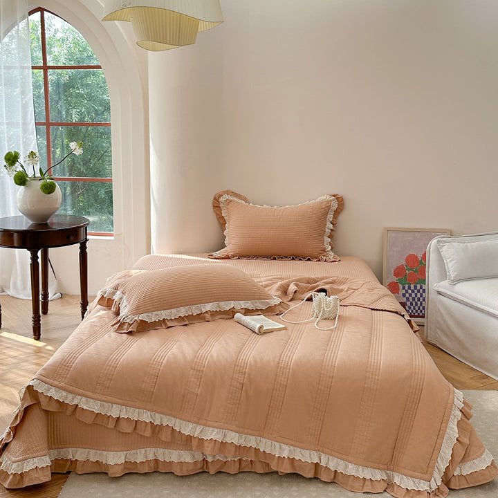 Quilted Ruffled Cotton Bedspread Set with Lace-Trim Pillow Shams