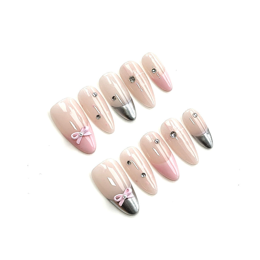 Elegant Press-On Nail Art Set with Decorative Bow and Gem Accents