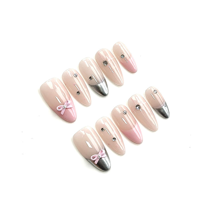 Elegant Press-On Nail Art Set with Decorative Bow and Gem Accents