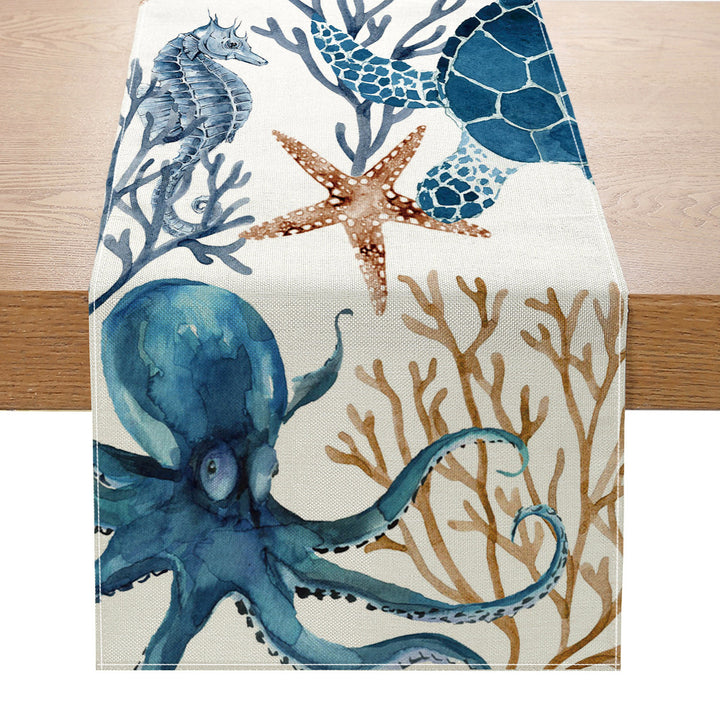 Coastal Watercolor Octopus & Sea Life Cotton-Linen Table Runner