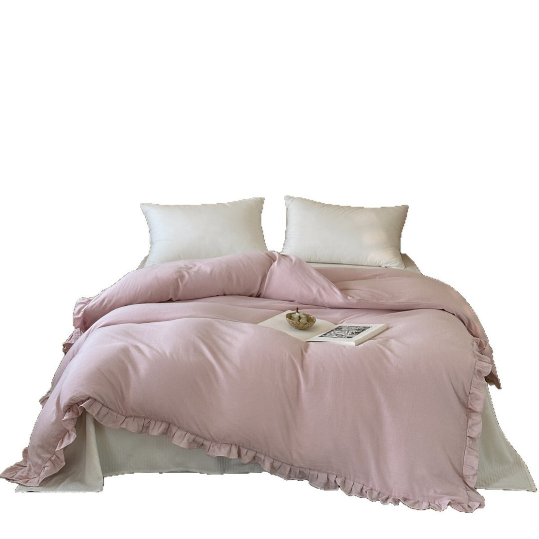Washed Soft-Touch Ruffled-Hem Cotton-Linen Blend Duvet Cover Set with Hidden Corner Ties