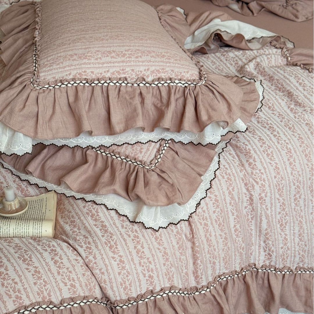 Ruffled Floral Stripe Cotton Duvet Cover and Sham Set