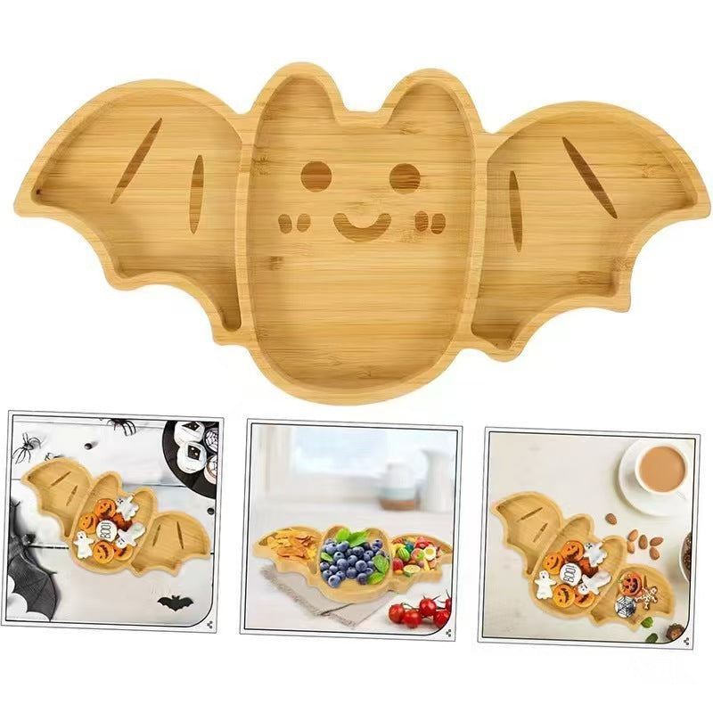 Bamboo serving platter bat shape with multiple compartments for snacks and parties