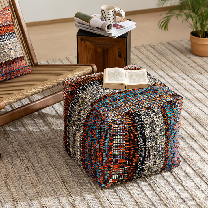 Round woven seat pouf made of durable cotton mix with practical carrying handle Stornfield