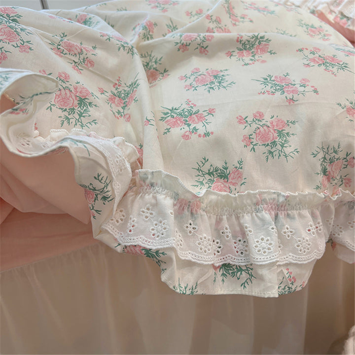Ruffled Floral Lace-Trim Duvet Cover Set with Pillow Shams