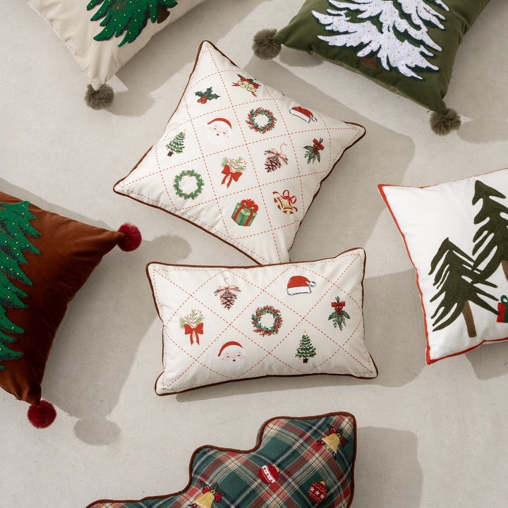 Rectangular cotton decorative pillow with embroidered Christmas motifs and piping