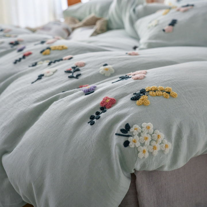Hand-Tufted Floral Appliqué Linen Duvet Cover and Pillow Sham Set