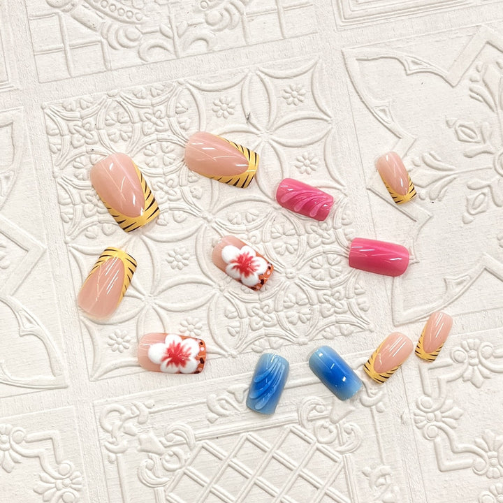 Artistic Press-On Nail Set with Floral and Wave Designs Stornfield