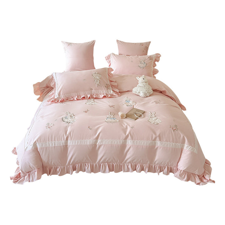 Ruffled Appliqué Embroidered Bunny Duvet Cover and Sham Set