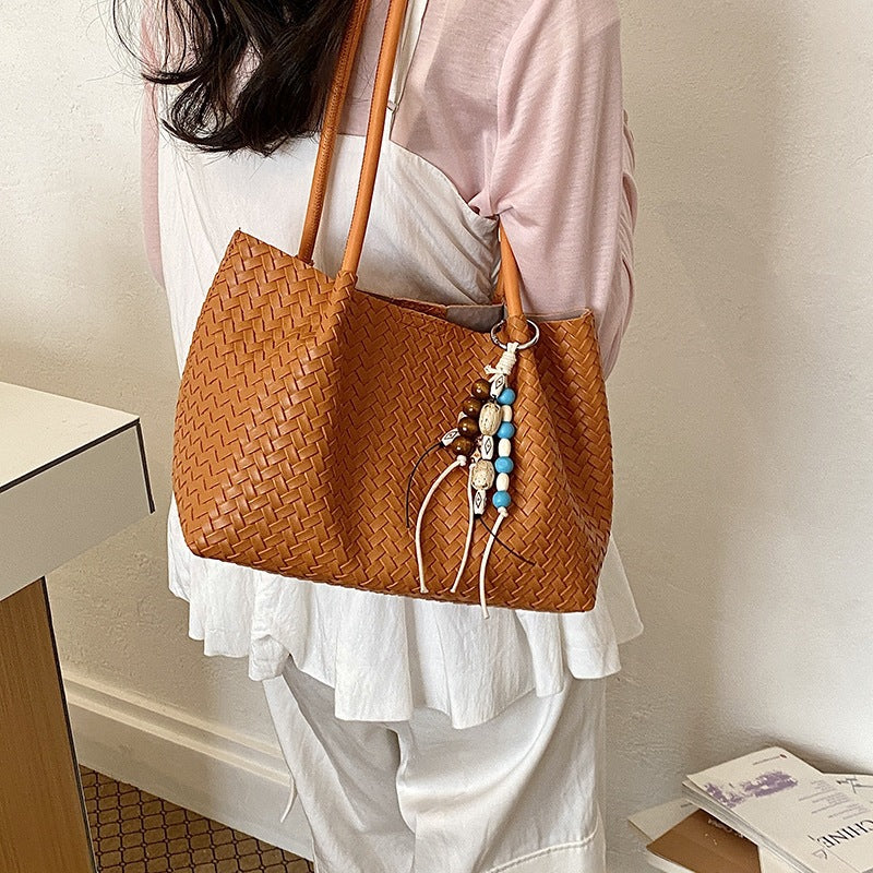 Woven Leather Tote Bag with Decorative Charms