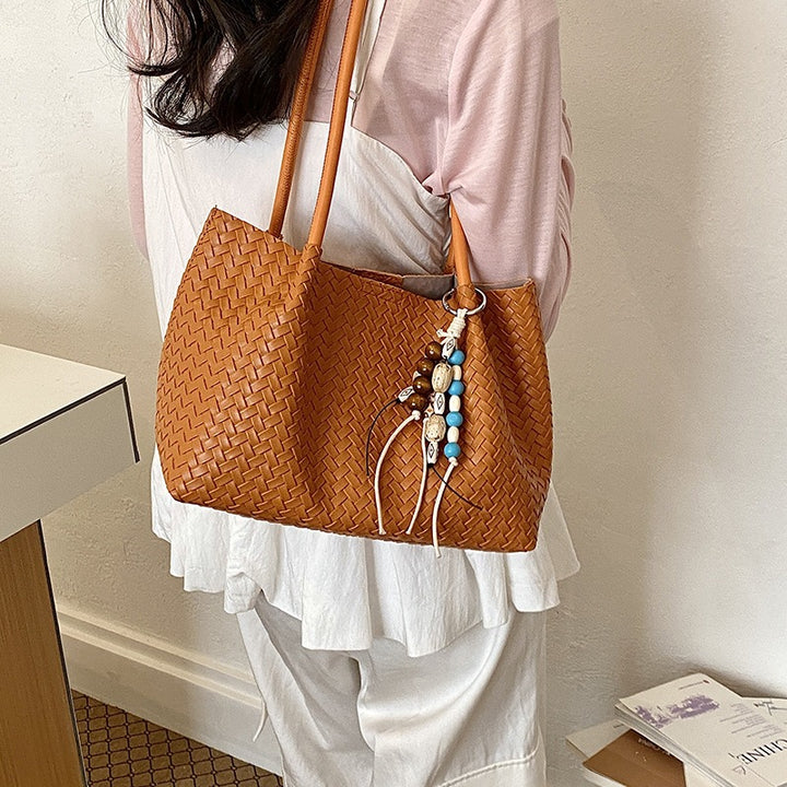 Woven Leather Tote Bag with Decorative Charms