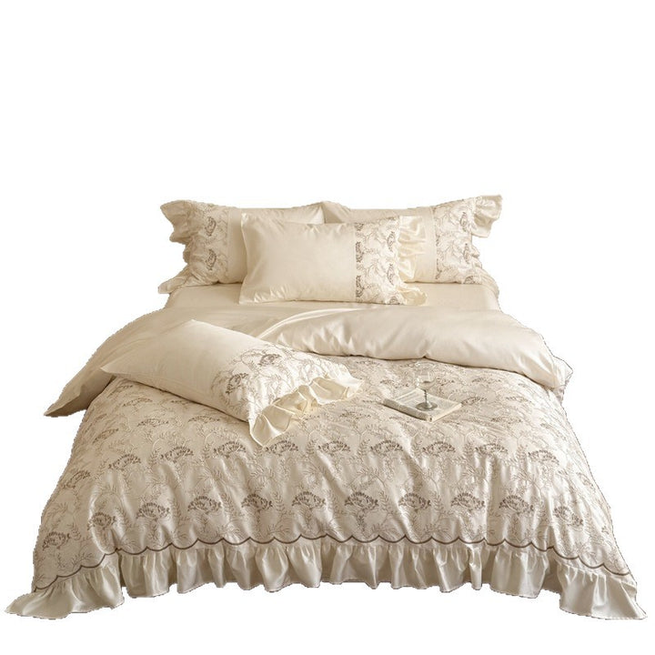Embroidered Floral Ruffled Scalloped-Edge Duvet Cover Ensemble with Satin Trim
