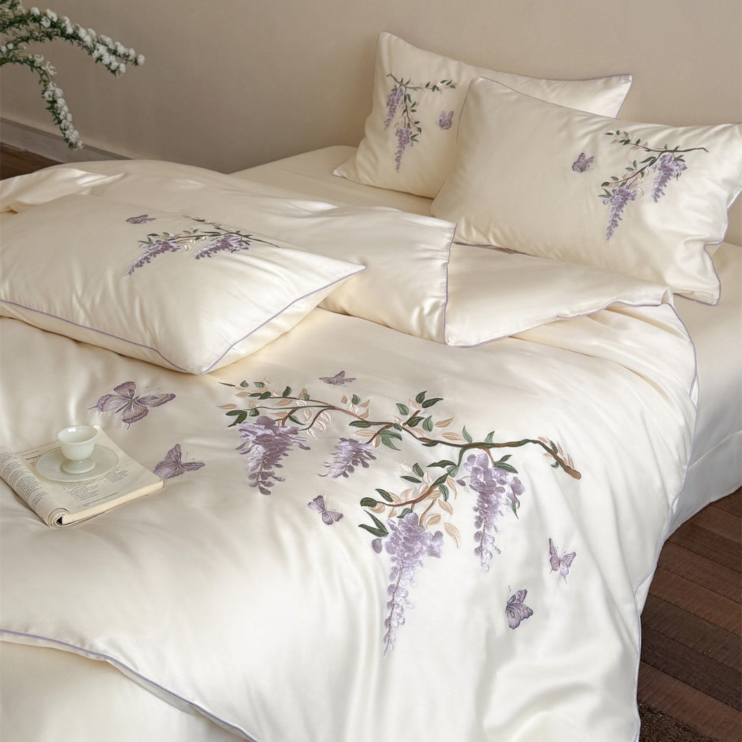 Embroidered Botanical Satin Duvet Cover Set with Delicate Wisteria Motif