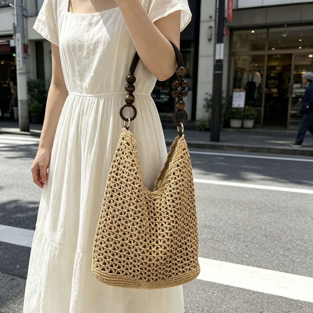 Hand-knotted bucket bag with wooden handles Stornfield