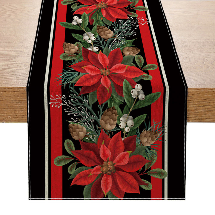 Holiday Buffalo-Check Cotton-Linen Decorative Table Runner with Golden Bells Wreath and Candy Cane Motif