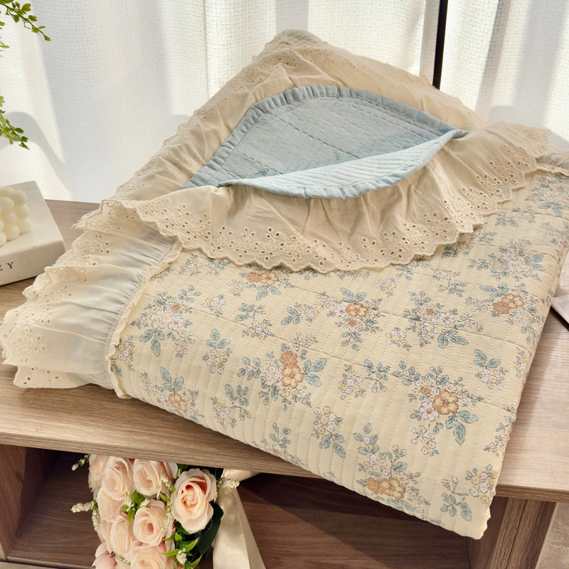 Quilted Floral Reversible Throw Blanket with Eyelet Lace Ruffle