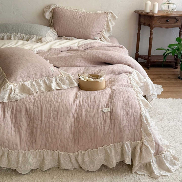 Quilted Ruffled Lace-Trim Bedspread & Reversible Duvet Cover Set with Matching Pillow Shams