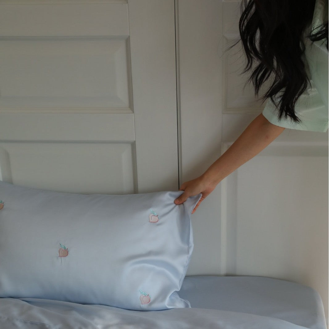 Embroidered Peach Motif Cotton Sateen Duvet Cover Set with Pillow Shams