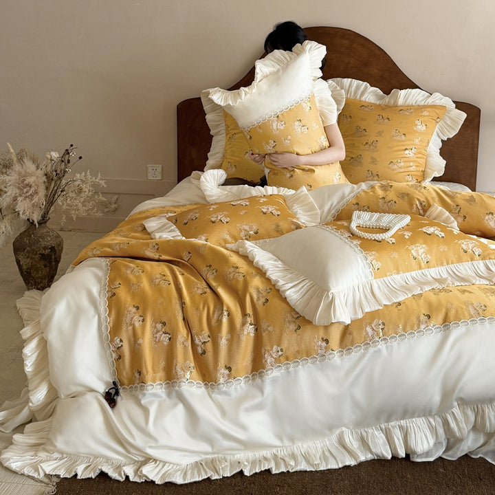 Ruffled Satin-Trim Quilted Duvet Cover Set with Lace Insets
