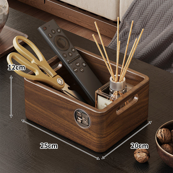 Wooden Rectangular Desktop Storage Organizer Box with Built-In Side Handles