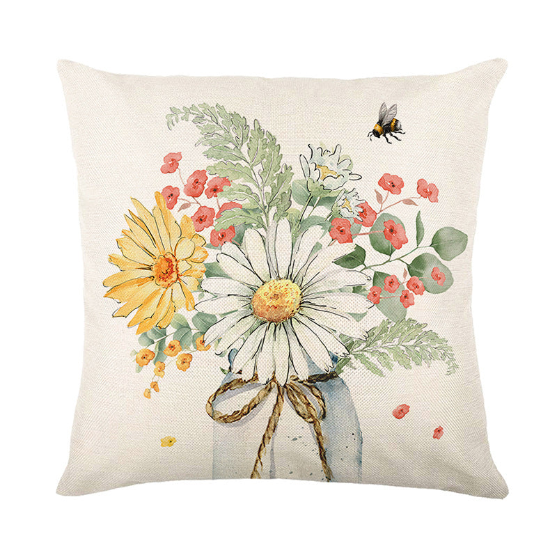 Square Cotton-Linen Throw Pillow Cover with Watercolor Daisies Bee Illustration & 'Home Sweet Home' Script