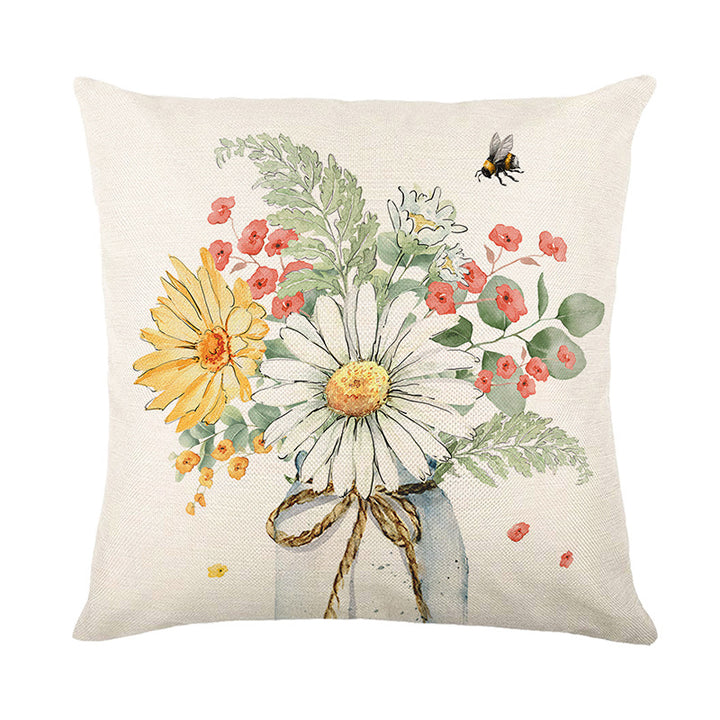Square Cotton-Linen Throw Pillow Cover with Watercolor Daisies Bee Illustration & 'Home Sweet Home' Script