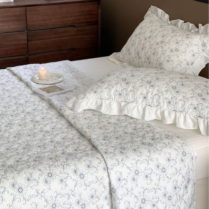 Quilted Floral Embroidered Bedspread with Ruffled Edge Pillow Sham Set