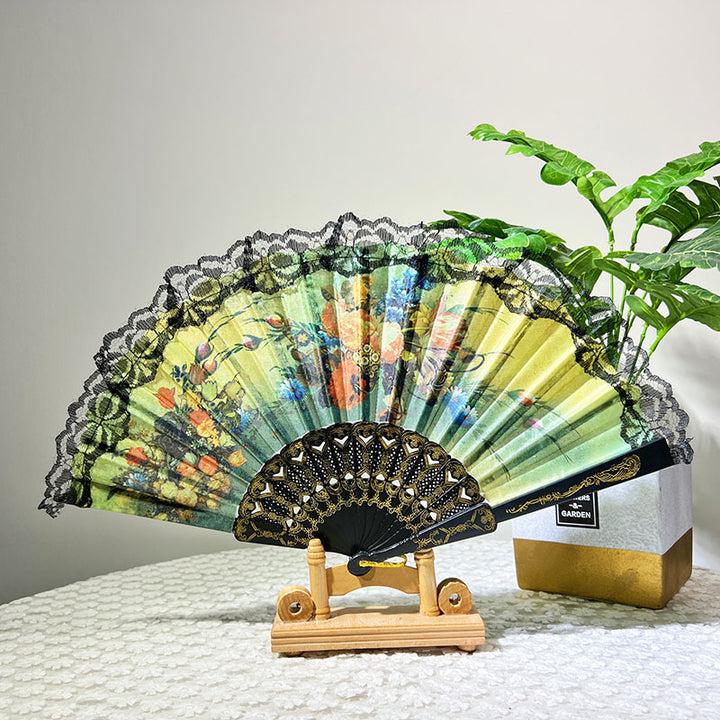 Ladies Elegant Hand Fan with Floral Design and Lace Edges Stornfield