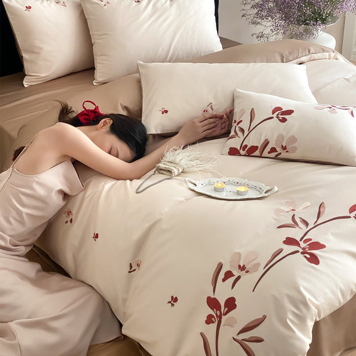 Luxury Satin Floral Embroidered Duvet Cover and Pillowcase Set
