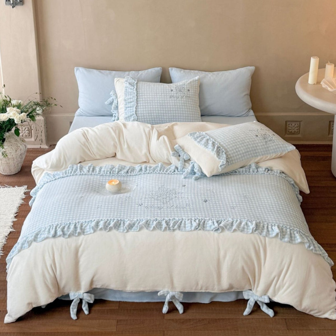 Ruffled Gingham Cotton Duvet Cover Set with Embroidered Center Panel & Tie Closures