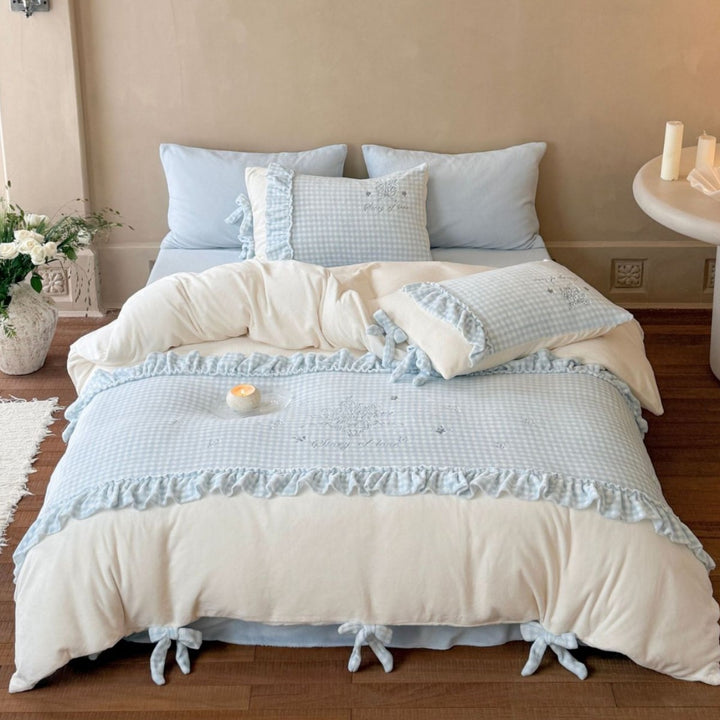 Ruffled Gingham Cotton Duvet Cover Set with Embroidered Center Panel & Tie Closures