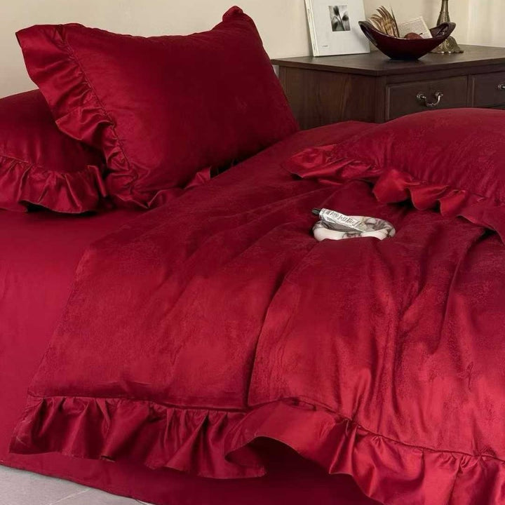 Ruffled Jacquard Cotton Duvet Cover Set with Embossed Floral Motif and Matching Pillow Shams