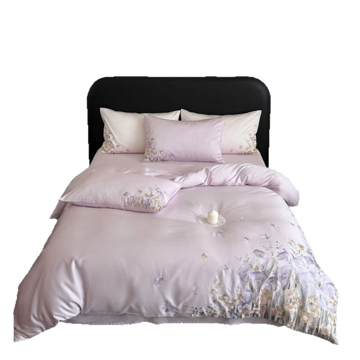 Luxurious satin bed set with floral relief embroidery and mother-of-pearl shine