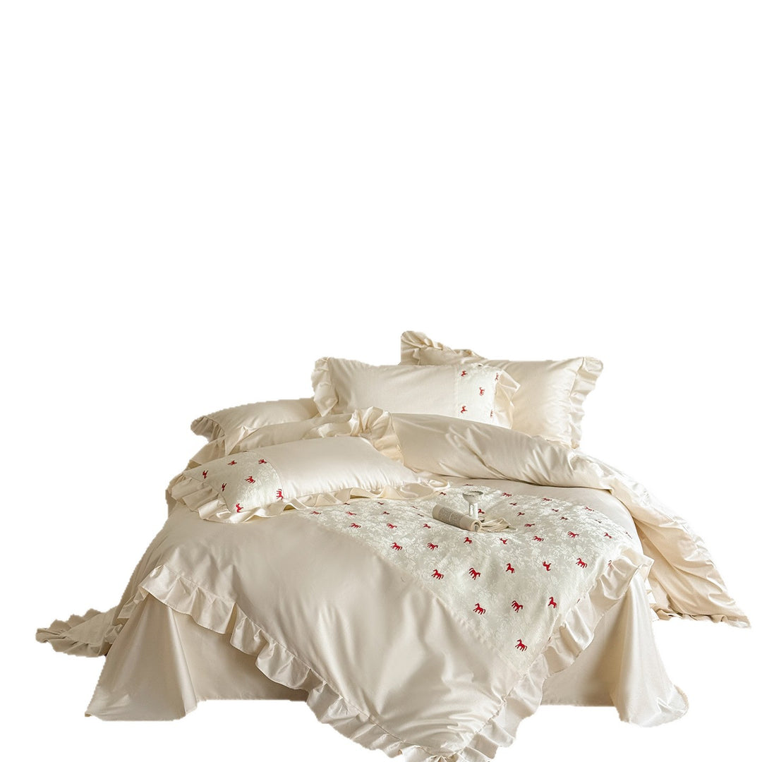 Ruffled Cotton-Sateen Duvet Cover Set with Jacquard Panel and Frilled Pillow Shams