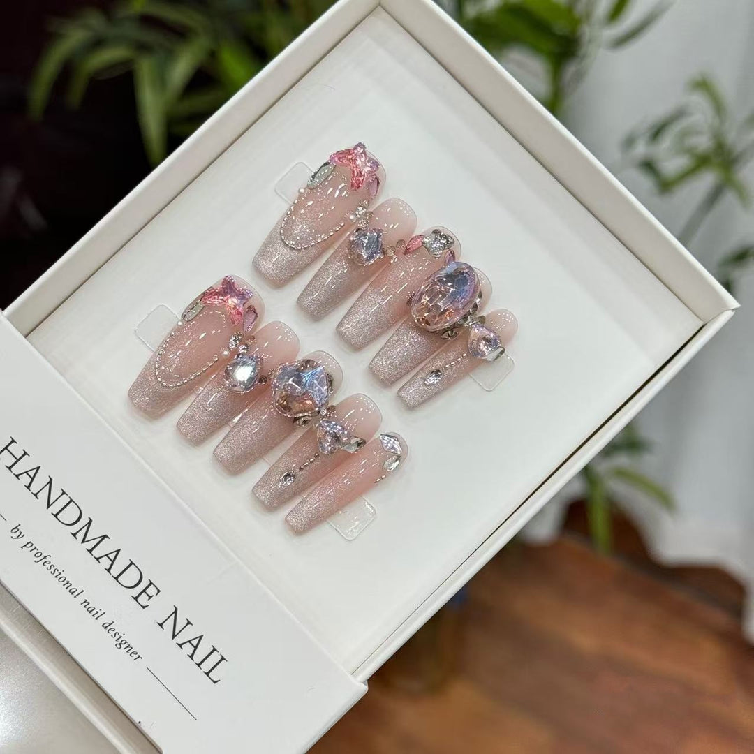 Decorative Handmade Press-On Nail Art Set with Gemstone Accents