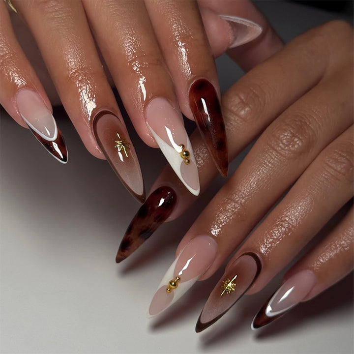 Artistic Press-On Nail Set with Unique Tortoiseshell and Subtle Floral Designs Stornfield