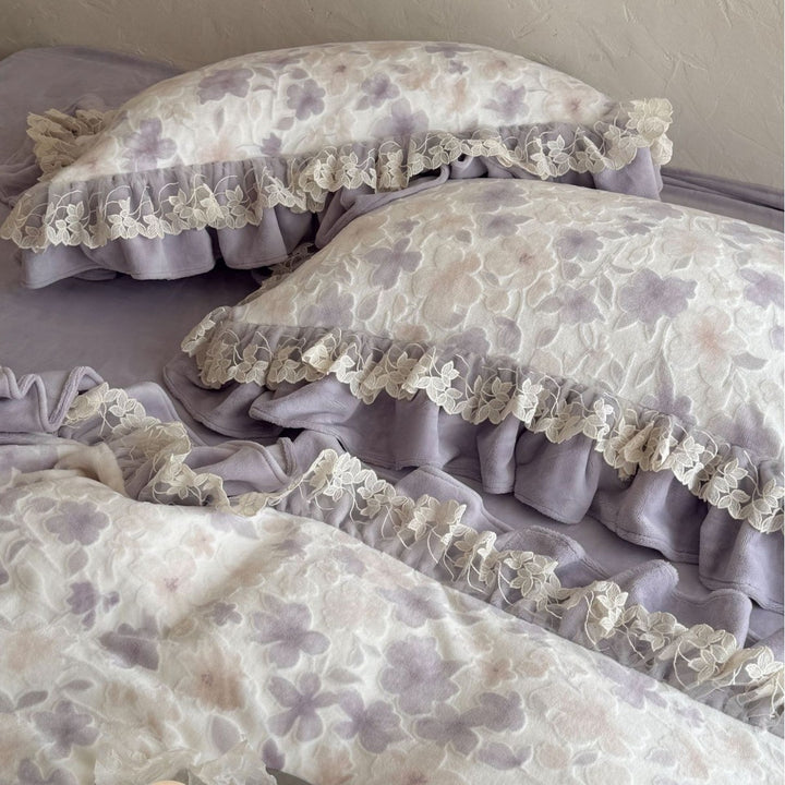 Floral Ruffled Lace-Trim Cotton Duvet Cover Set