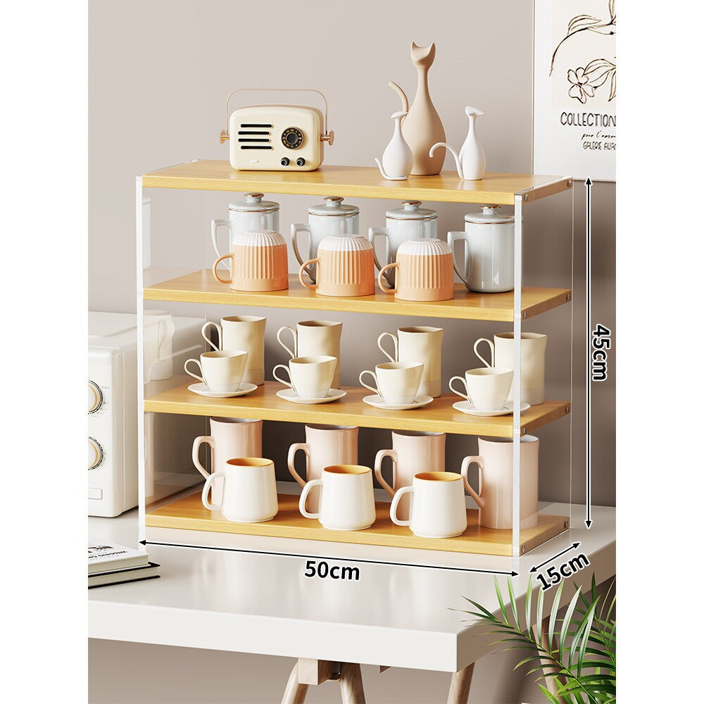Multi-Level Bamboo-Style Countertop Kitchen Mug and Canister Organizer Shelf with Open Wood Shelves and Slim Metal Frame