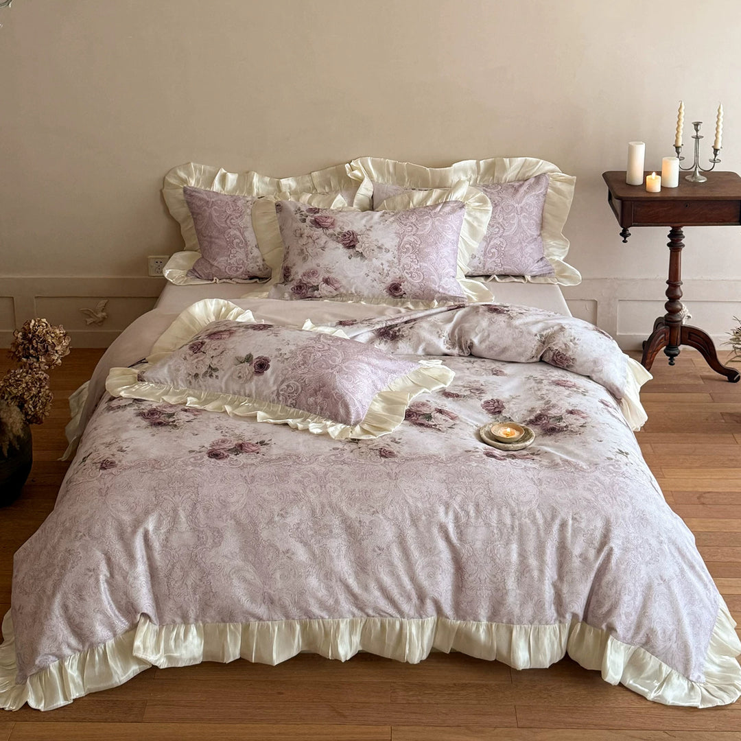 Vintage Rose Print Ruffled Bed Linen Duvet Cover and Sham Set