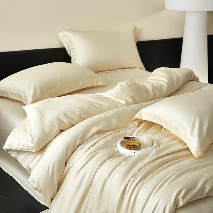 Satin bedding set with silky feel, hotel closure and tone-on-tone pattern