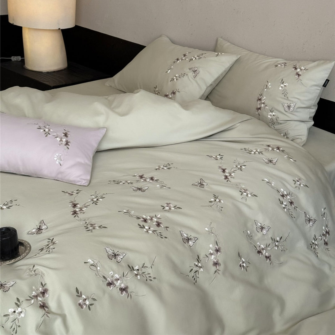 Embroidered Floral Butterfly Cotton Sateen Duvet Cover Set with Pillow Shams