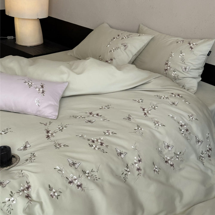 Embroidered Floral Butterfly Cotton Sateen Duvet Cover Set with Pillow Shams
