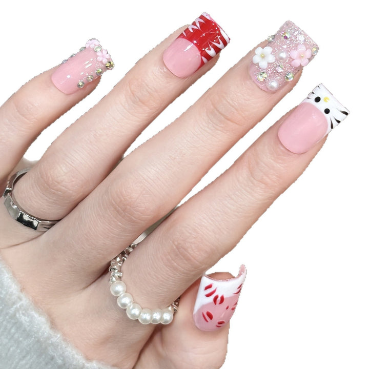 Artistic Press-On Nail Set with Floral and Charms