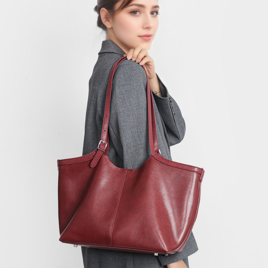Glossy Smooth Leather-Look Shoulder Tote with Adjustable Buckle Straps & Metal Feet