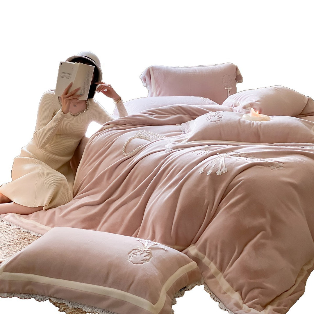 Embroidered Lace-Trim Plush Velvet Duvet Cover Set with Decorative Pillow Shams