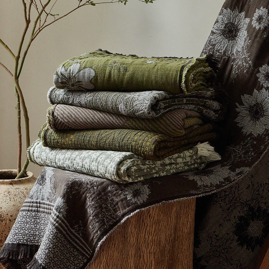 Jacquard Floral Textured Throw Blanket with Fringed Edge