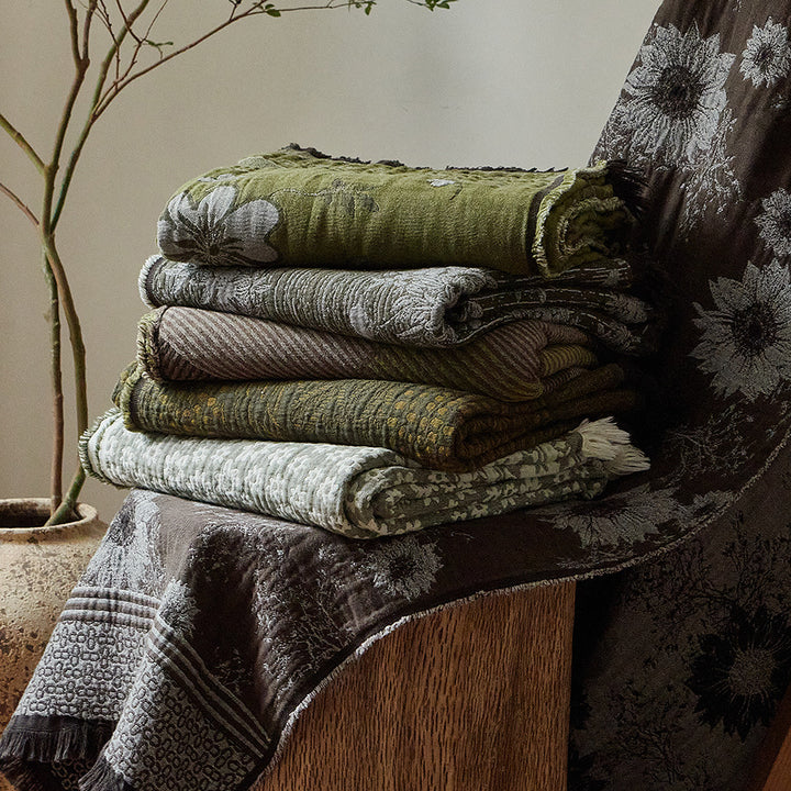 Jacquard Floral Textured Throw Blanket with Fringed Edge