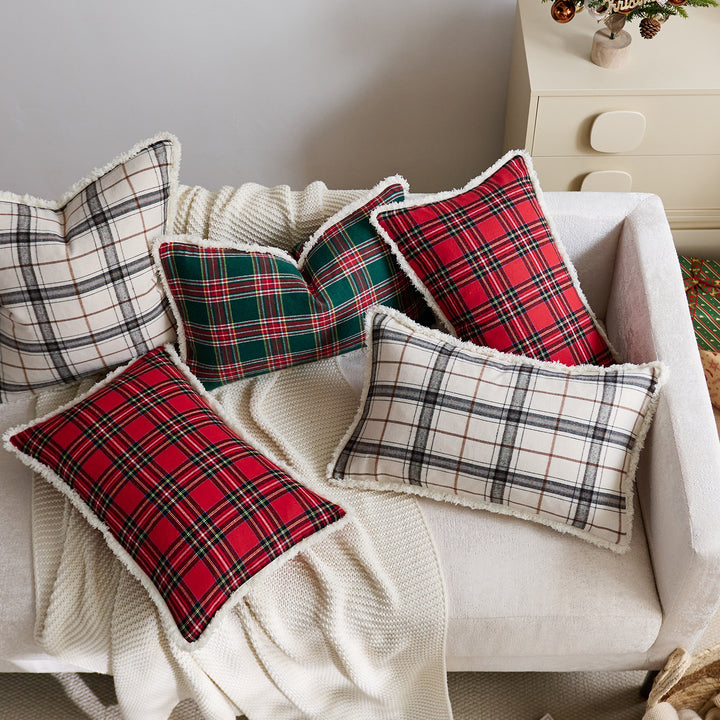 Plaid Sherpa-Trim Square Decorative Throw Pillow Cover