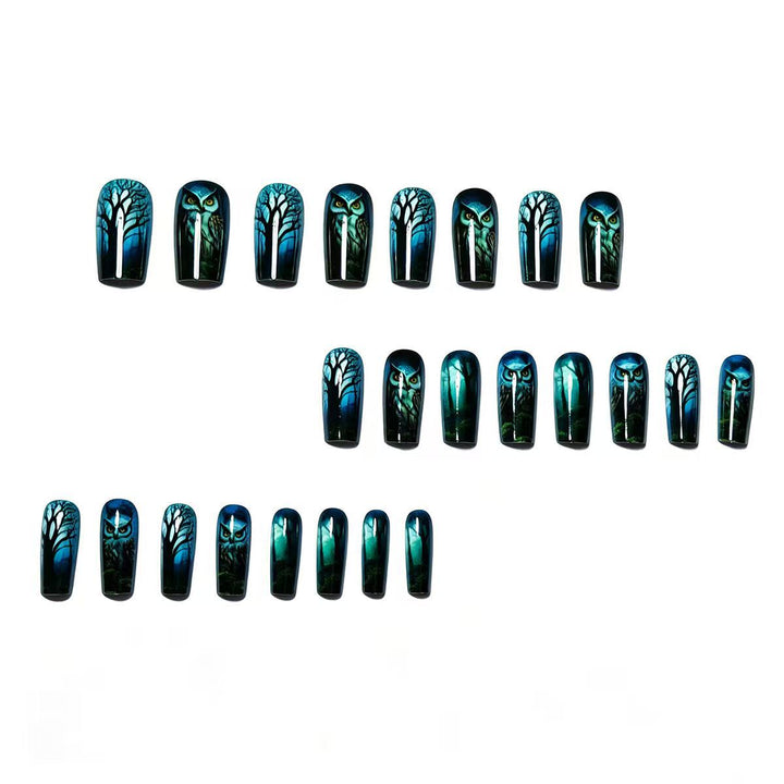 Artificial nails with elegant owl and forest motif Stornfield
