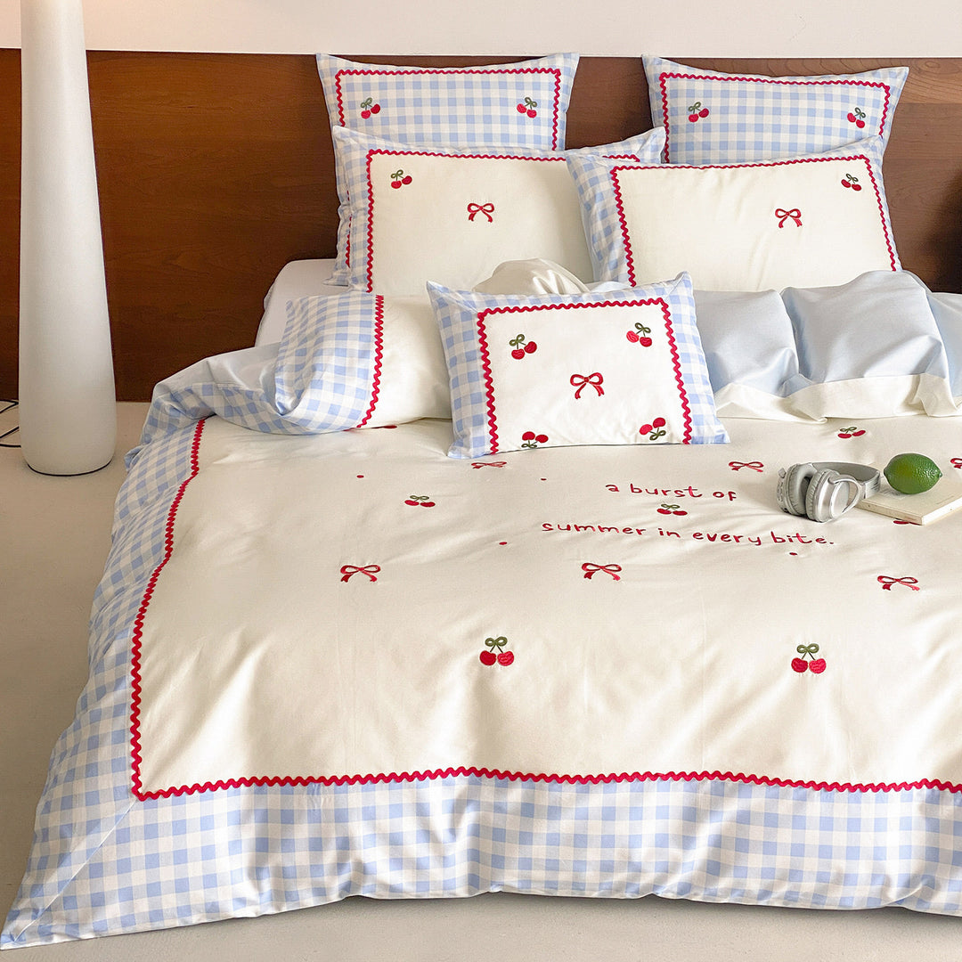 Gingham-Trim Cherry Embroidered Cotton Duvet Cover Set with Pillow Shams and Rickrack Border